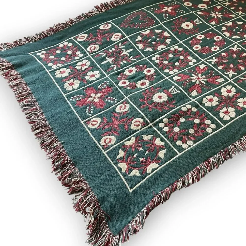 Throw Blanket Tapestry Floral Hearts Reversible Cotton Fringe Bloomcore 43x66